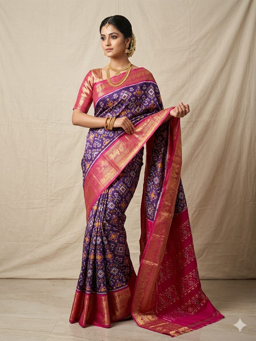 Violet Purple Pochampally Ikkat Silk Saree with Rani Pink Pallu And Kanchi Border