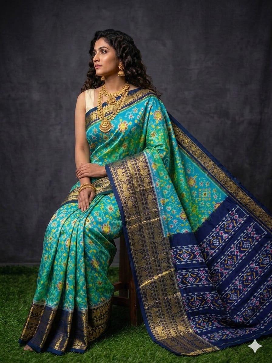 Turquoise Blue Pochampally Ikkat Silk Saree with Navy Blue Pallu And Kanchi Zari Border