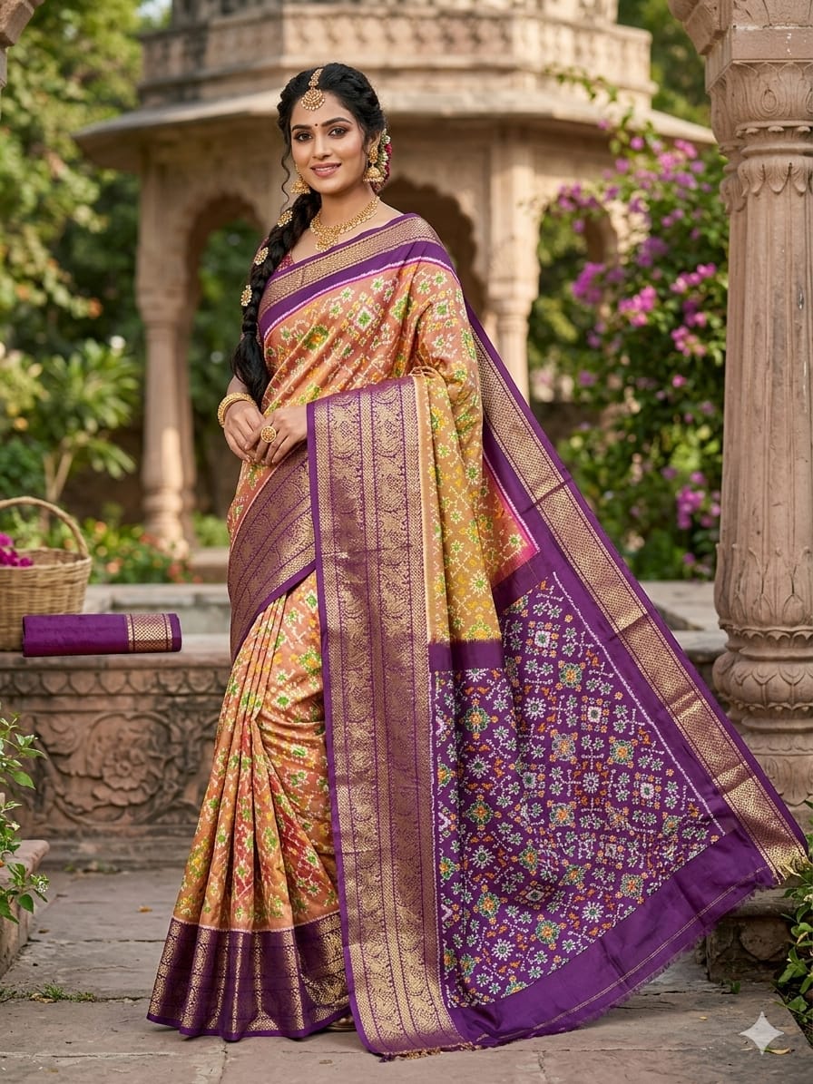 Mustard Yellow Pochampally Ikkat Silk Saree with Purple Kanchi Border