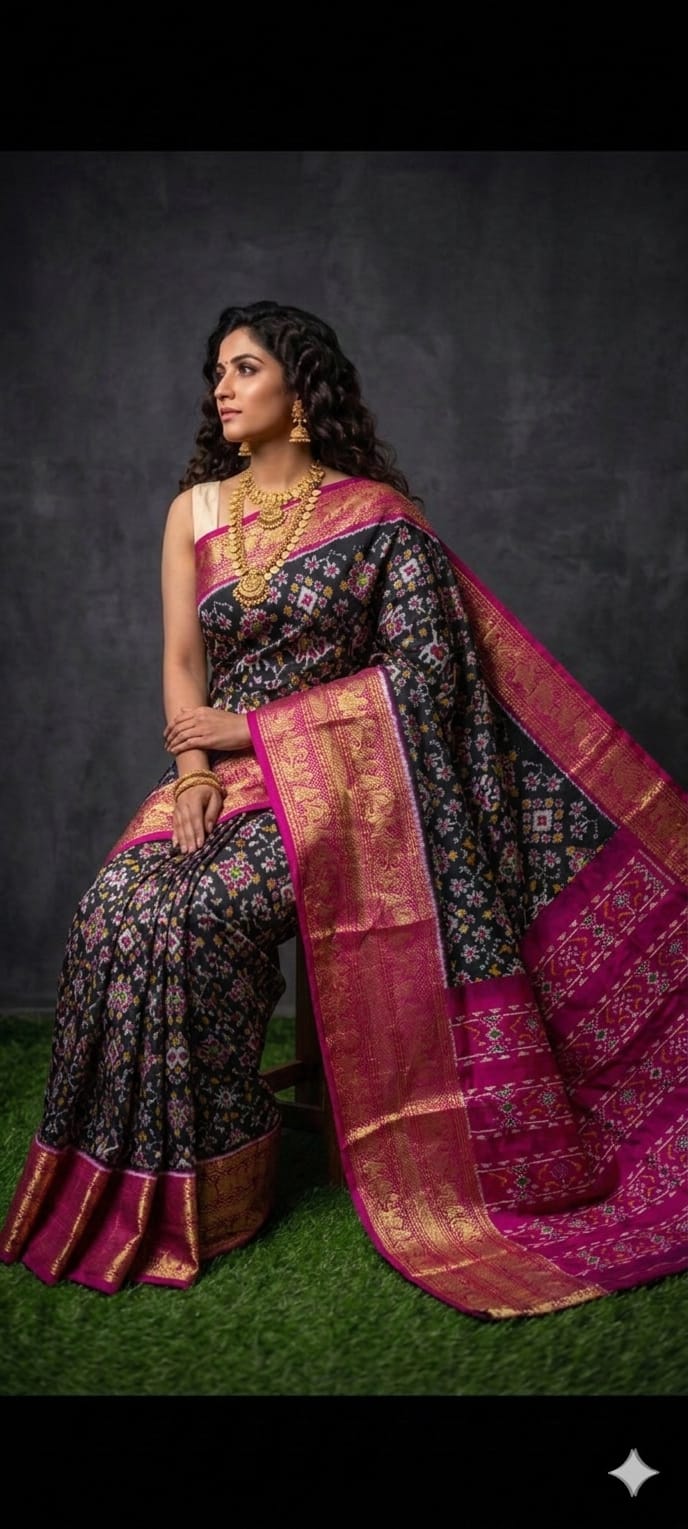 Black Pochampally Ikkat Silk Saree with Rani Pink Pallu And Kanchi Border