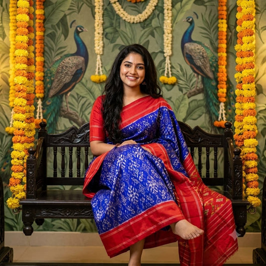 Pochampally Ikkat Silk Saree in Royal Blue and Crimson Red Border And Pallu