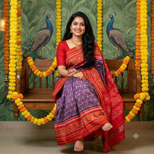 Pochampally Ikkat Silk Saree in Purple and Crimson Red Border And Pallu