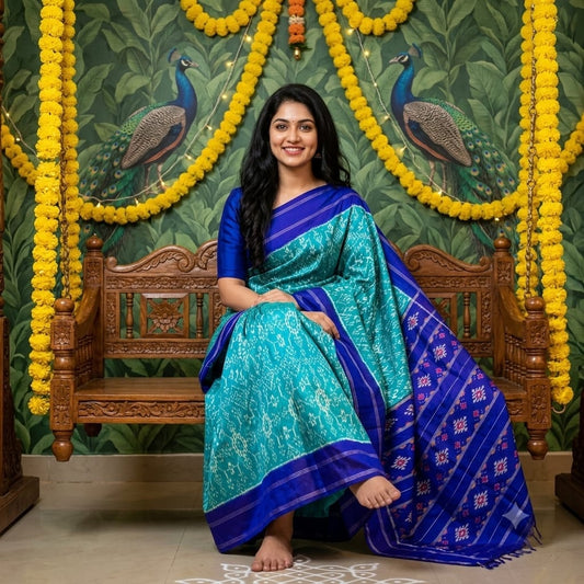 Pochampally Ikkat Silk Saree in Teal Blue and Indigo Border And Pallu