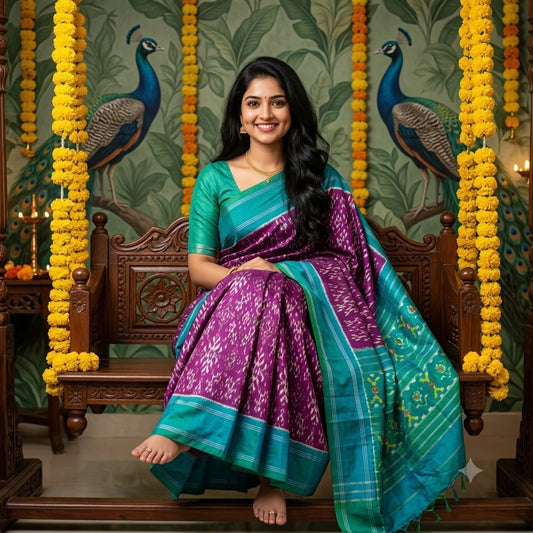 Pochampally Ikkat Silk Saree in Purple and Emerald Green Border And Pallu