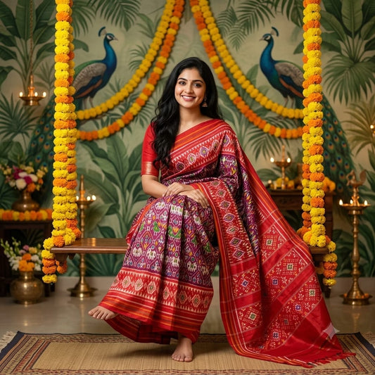 Pochampally Ikkat Silk Saree in Wine Magenta and Crimson Red Border And Pallu