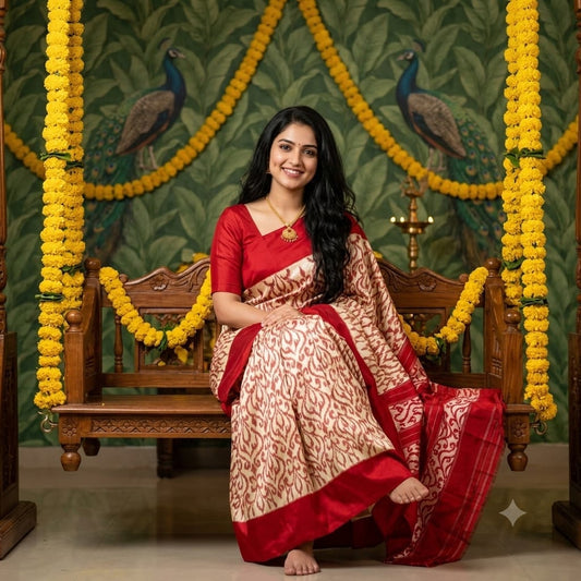 Pochampally Ikkat Silk Saree in Cream Beige and Crimson Red Border And Pallu