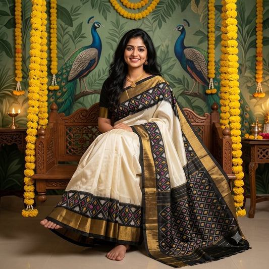 Pochampally Ikkat Silk Saree with Cream Ivory and Onyx Black Border Pallu