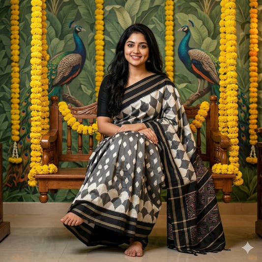 Pochampally Ikkat Silk Saree in Cream and Royal Blue Border with Pallu