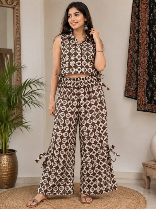 Ajrakh Sleeveless Co-Ord for the Bold Soul  Brown & Ivory Print Dress
