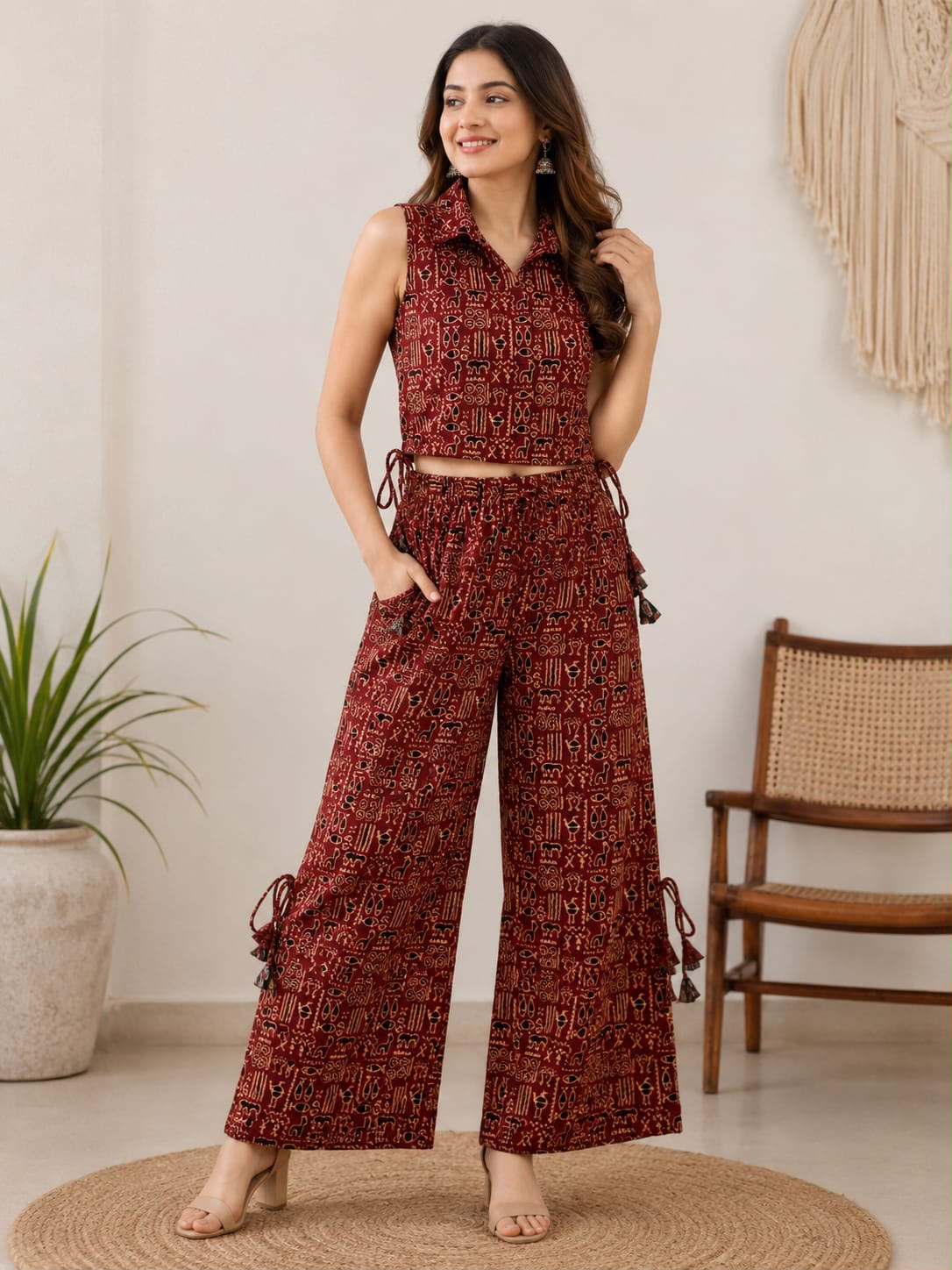 Ajrakh Sleeveless Co-ord Set in Maroon with Traditional For the Bold Soul Print Dress
