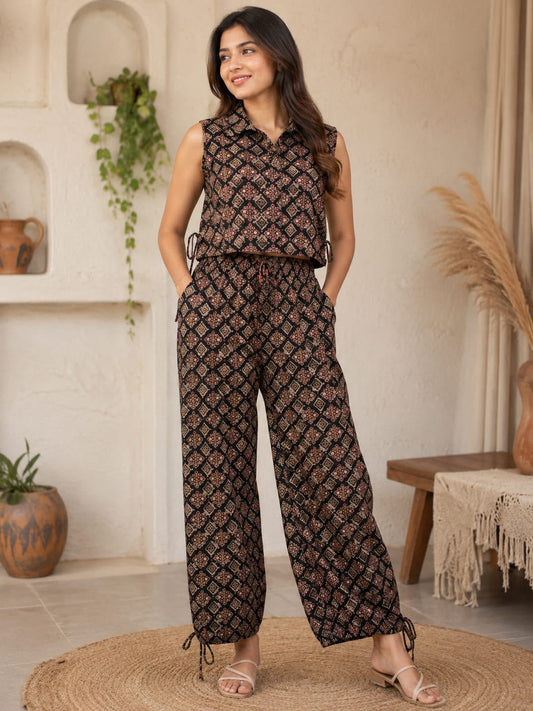 Ajrakh Sleeveless Co-Ord for the Bold Soul Black with Geometric Prints Dress