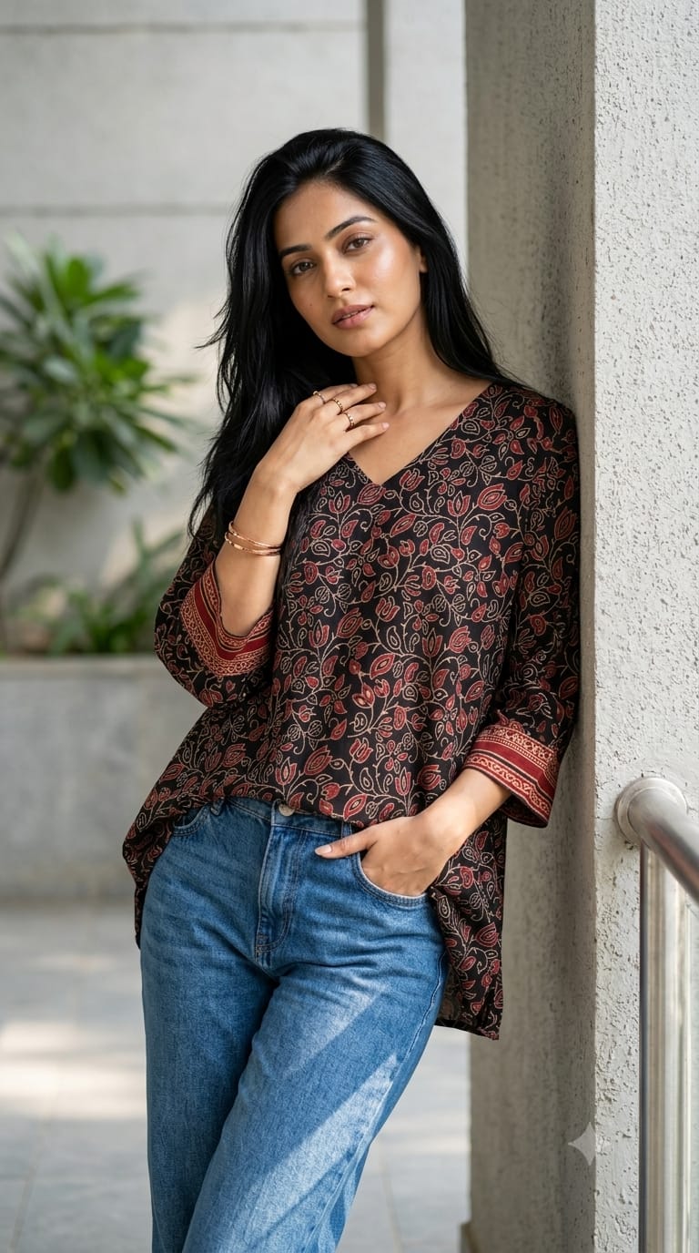 Ajrakh Block V Neck Tunic Top in Dye Black & Madder Red Print Dress