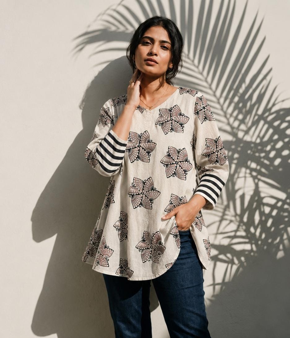 Ajrakh Block with Butterfly in Ivory & Charcoal Print Dress