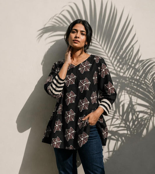 Ajrakh Block A Line Tunic with Butterfly in Black & Indigo Print Dress