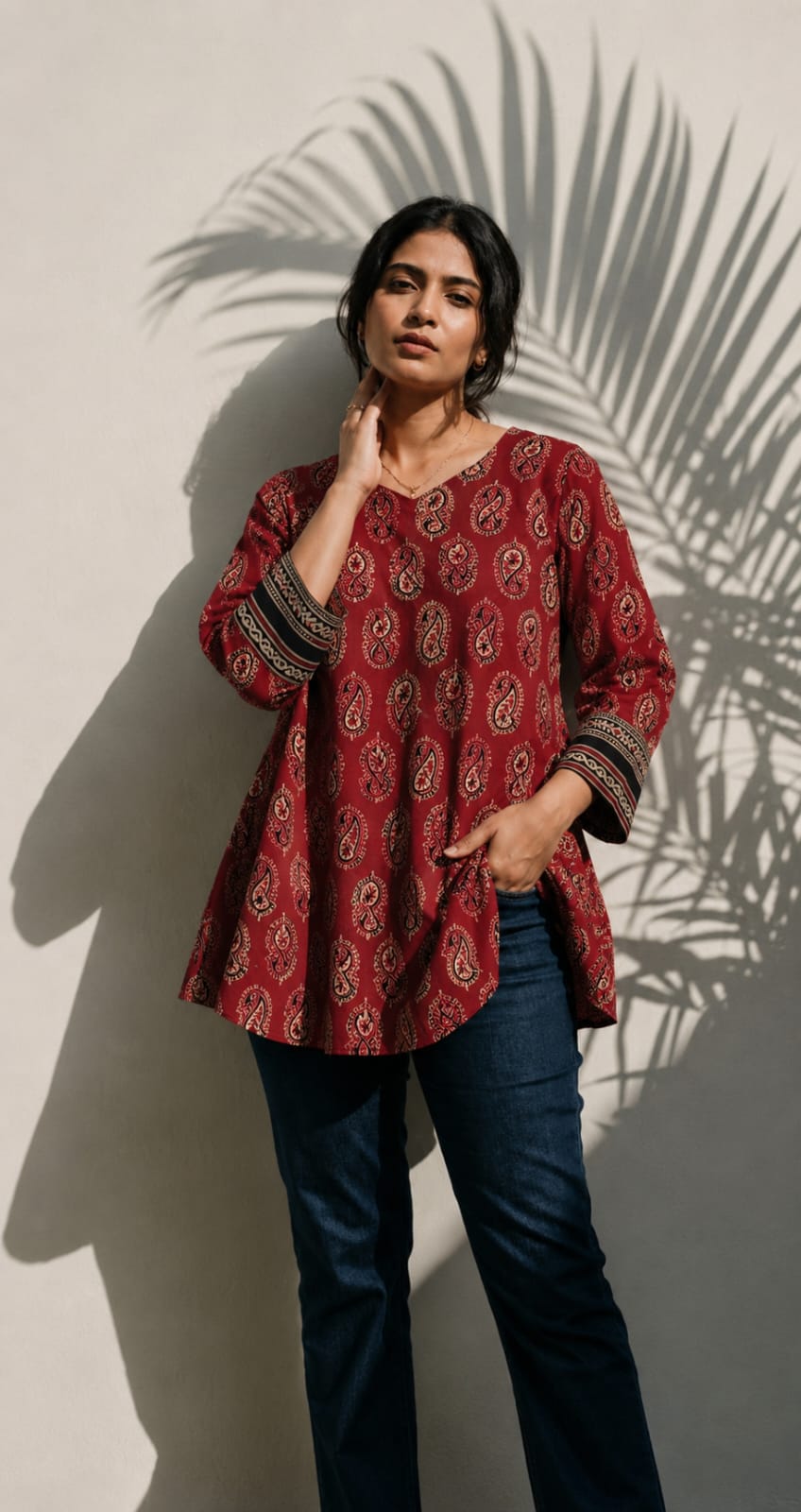 Ajrakh Block Flared Tunic with in Madder Crimson Red Print Dress