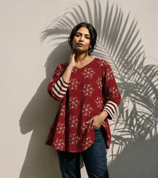 Ajrakh Block A Line Tunic with Butterfly Motifs in Madder White And Crimson Red