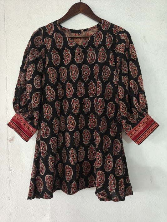 Ajrakh Block Tunic with and in Jet Black & Madder Red Print Dress