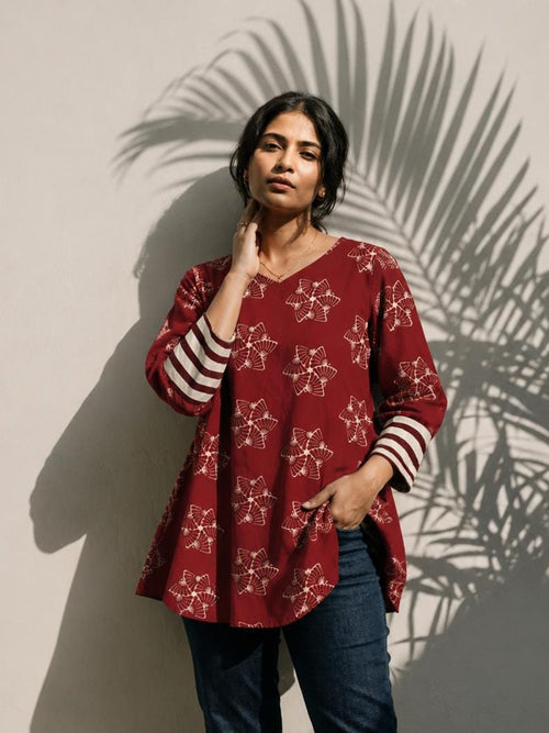 Ajrakh Block A Line Tunic with Butterfly Motifs in Madder White And Crimson Red