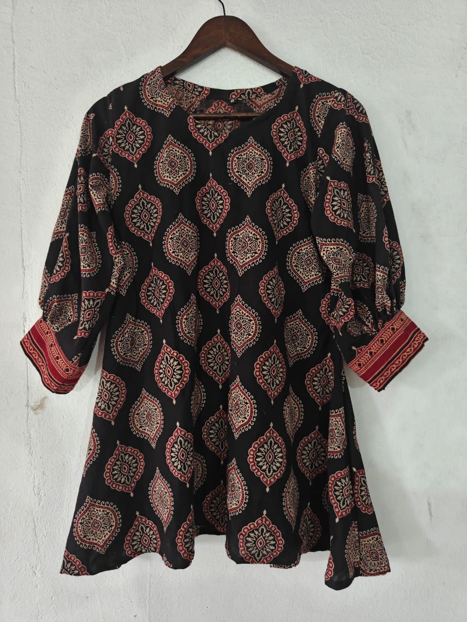 Ajrakh Block Flared Tunic with Bishop Sleeves and in Jet Black & Madder Red Print Dress