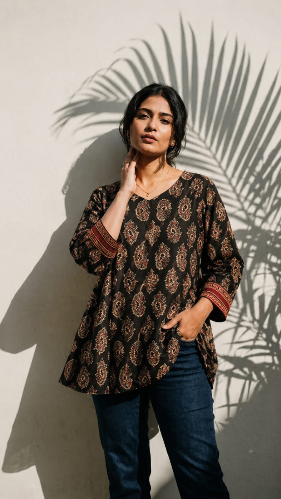 Block  Flared Tunic with Paisley in Charcoal Black & Maroon Print Dress