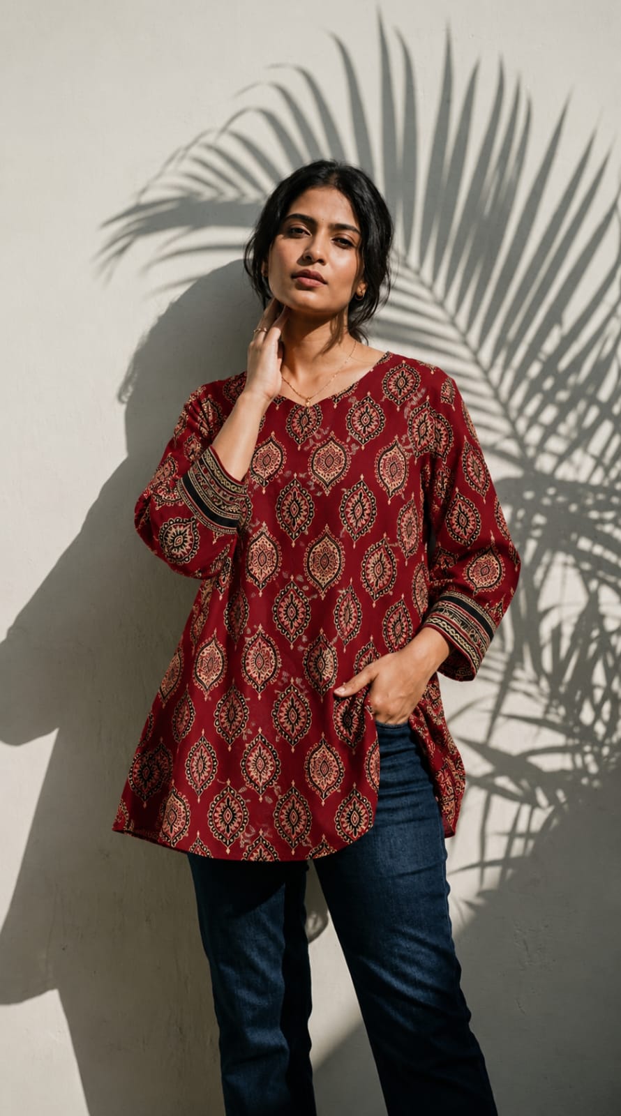 Ajrakh Block Cotton Tunic Maroon Top Print Dress