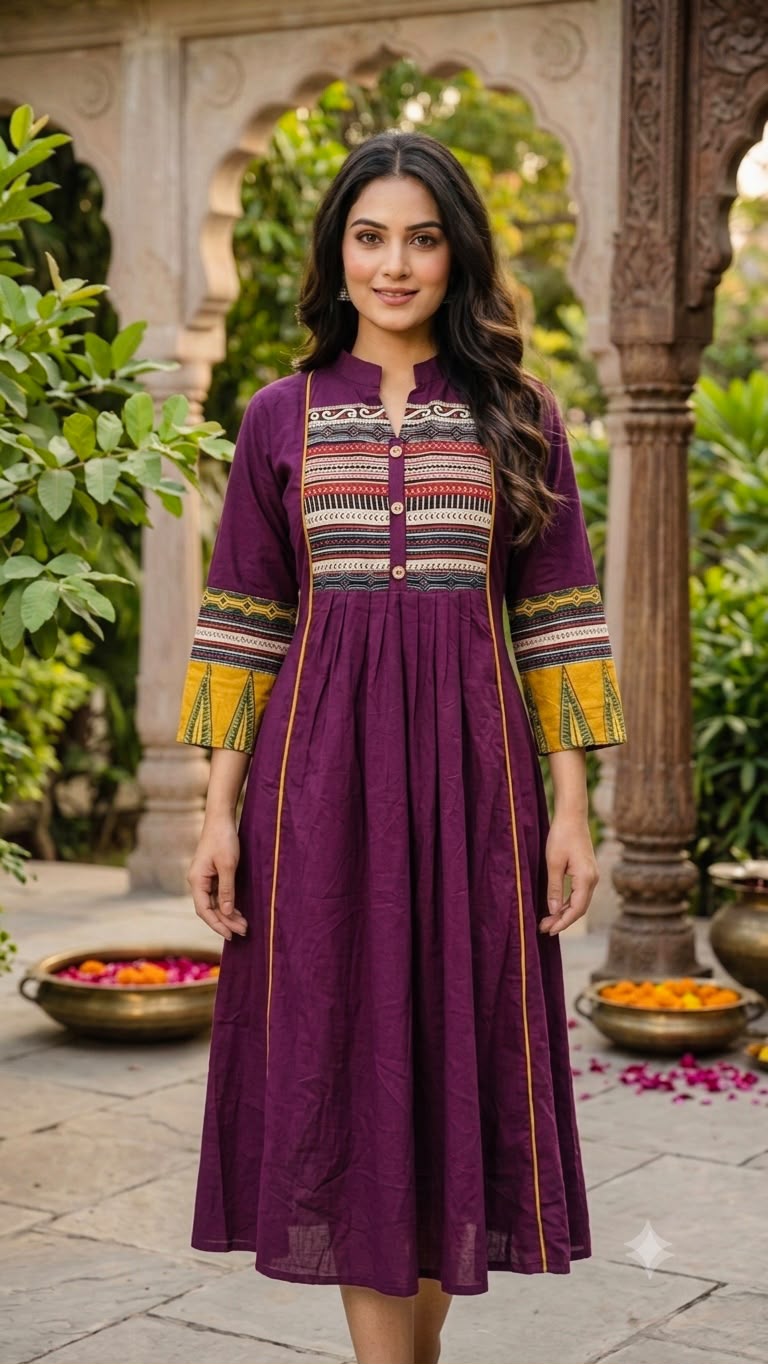 Elegant Hand-Block Dabu Yoke Pleated Purple And Yeoow Print Dress