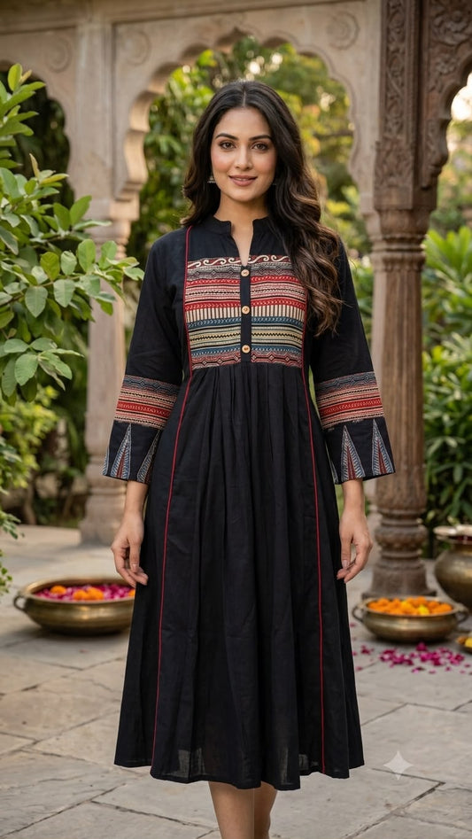 Elegant Hand-Block Dabu Yoke Pleated in Midnight Black And Printed Dress