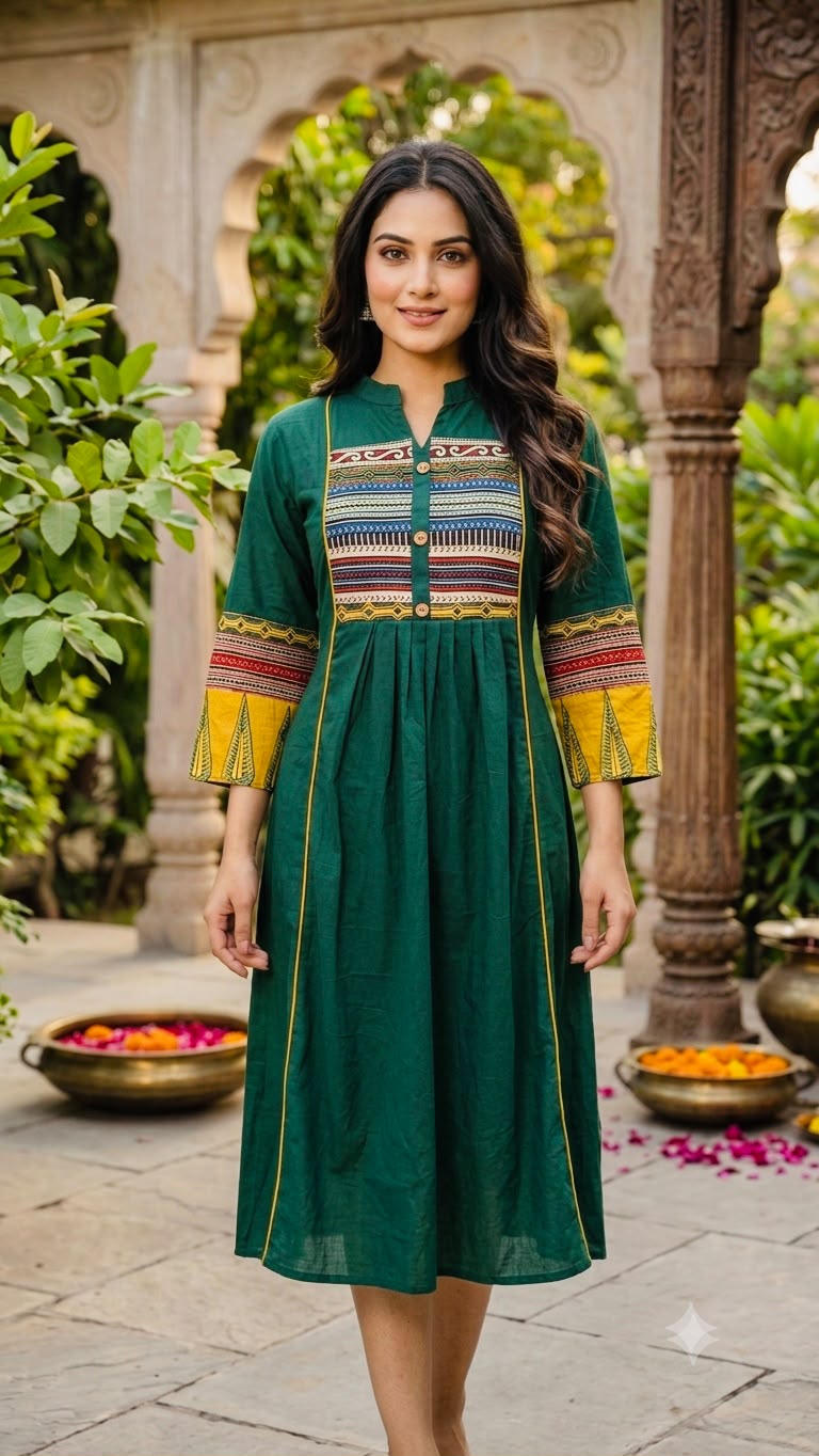 Elegant Hand-Block Dabu Yoke Pleated Yellow with Bottle Green Printed Dress