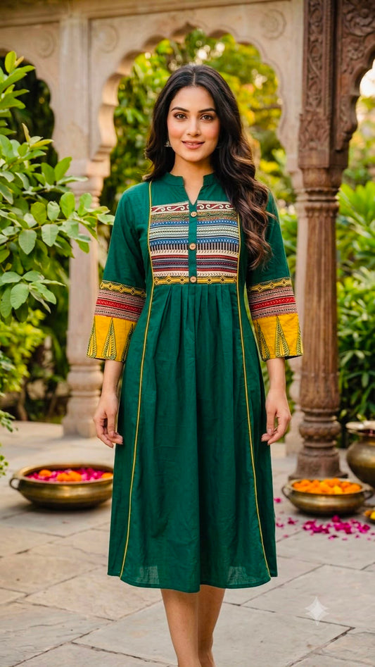 Elegant Hand-Block Dabu Yoke Pleated Yellow with Bottle Green Printed Dress