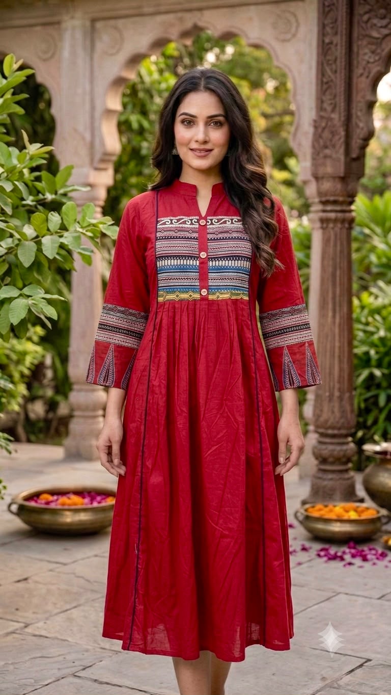 Elegant Hand-Block Dabu Yoke Pleated Dark Red Print Dress