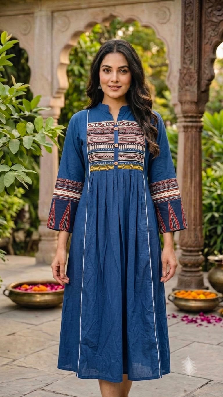 Elegant Hand-Block Dabu Yoke Pleated Indigo Blue Print Dress