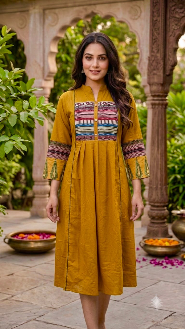 Elegant Hand-Block Dabu Yoke Pleated Mustard Yellow Print Dress