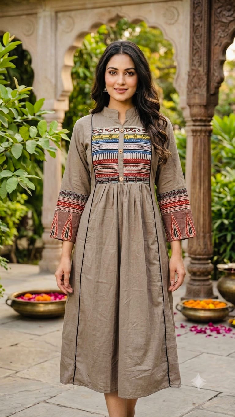Elegant Hand-Block Dabu Yoke Pleated Lite Grey Print Dress