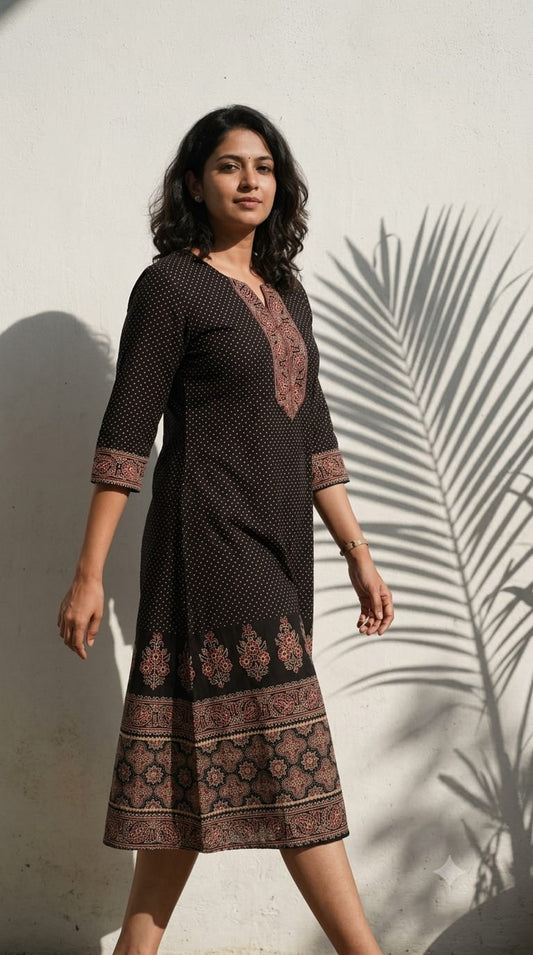 Cotton Ajrakh Indigo Black Printed Dyed Midi Dress