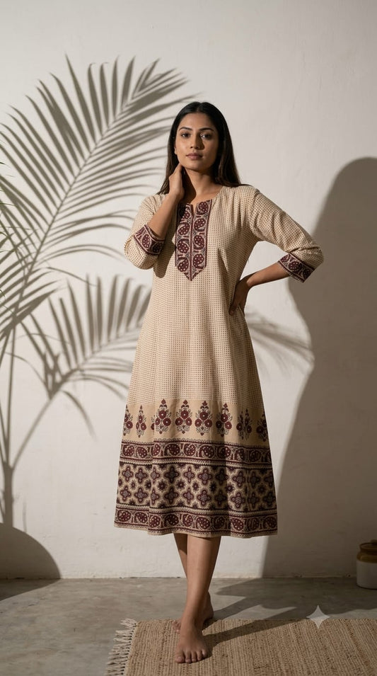 Cotton Ajrakh in Ivory Beige And Black Printed Midi Dress