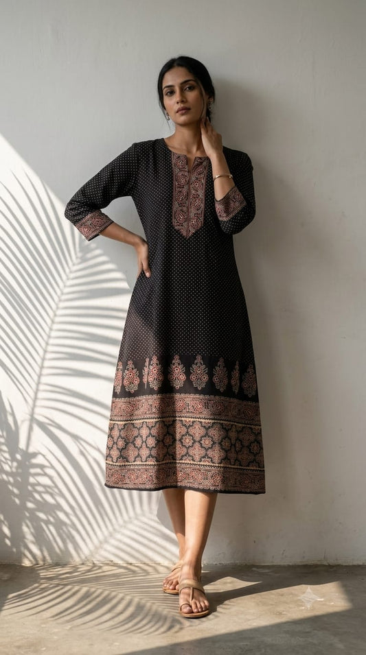 Cotton Ajrakh Indigo Black Printed Dyed Midi Dress