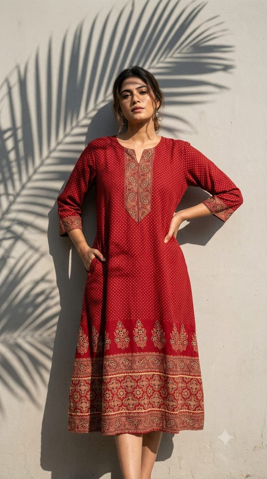 Cotton Ajrakh Vegetable Dyed Crimson Red Print Midi Dress