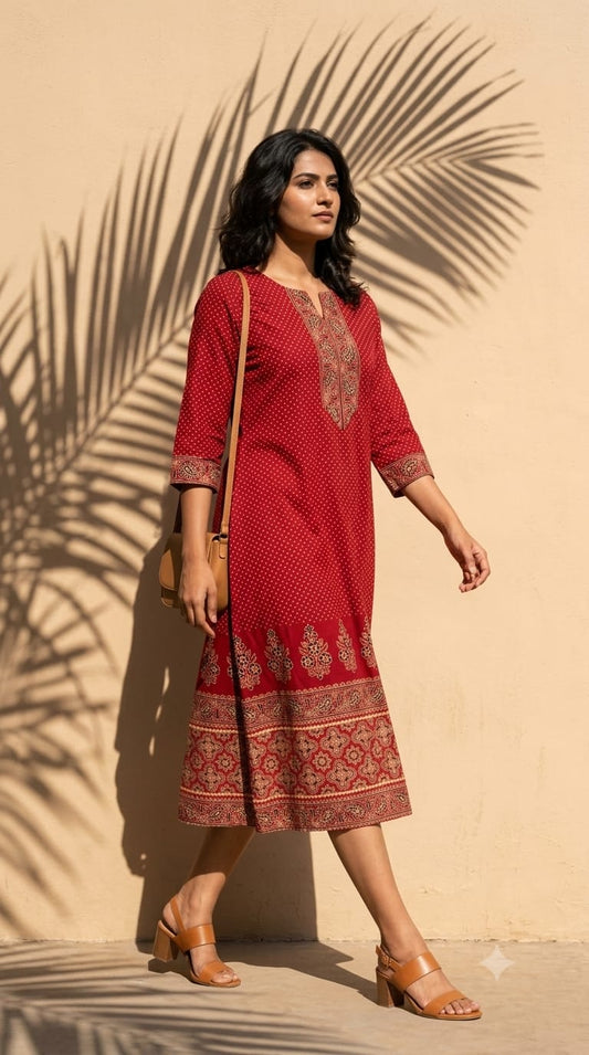 Cotton Ajrakh Vegetable Dyed Crimson Red Print Midi Dress