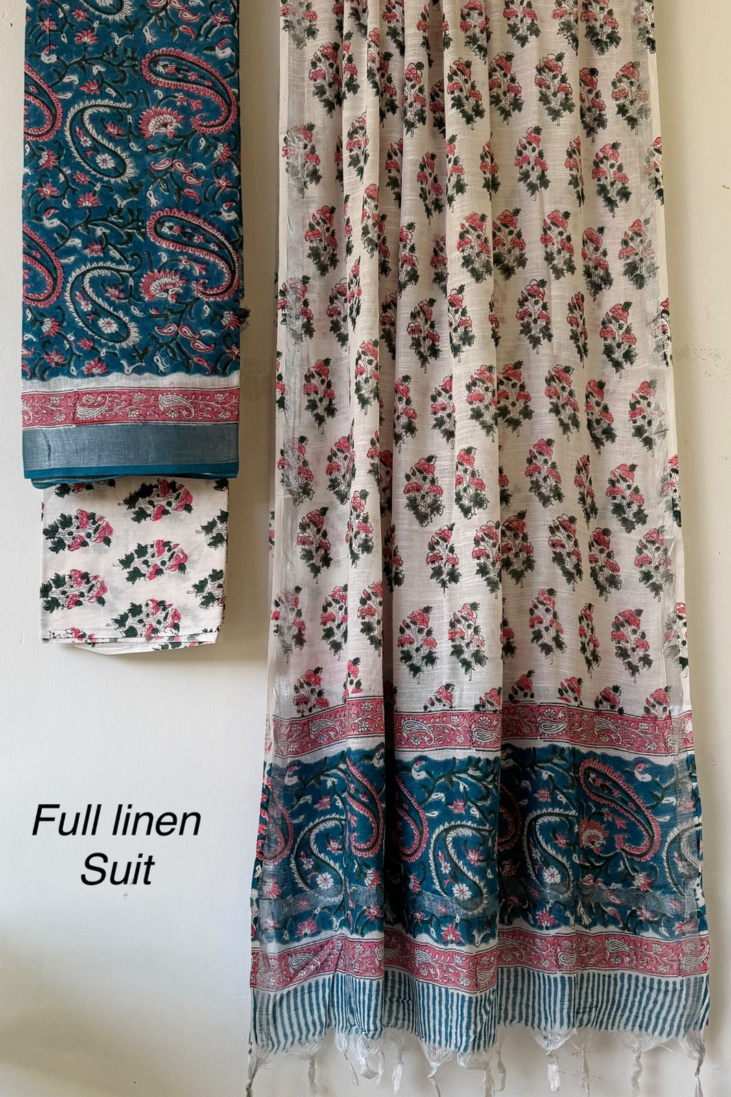 Elegant Blue & White Floral Hand Block Print Linen Dress Material