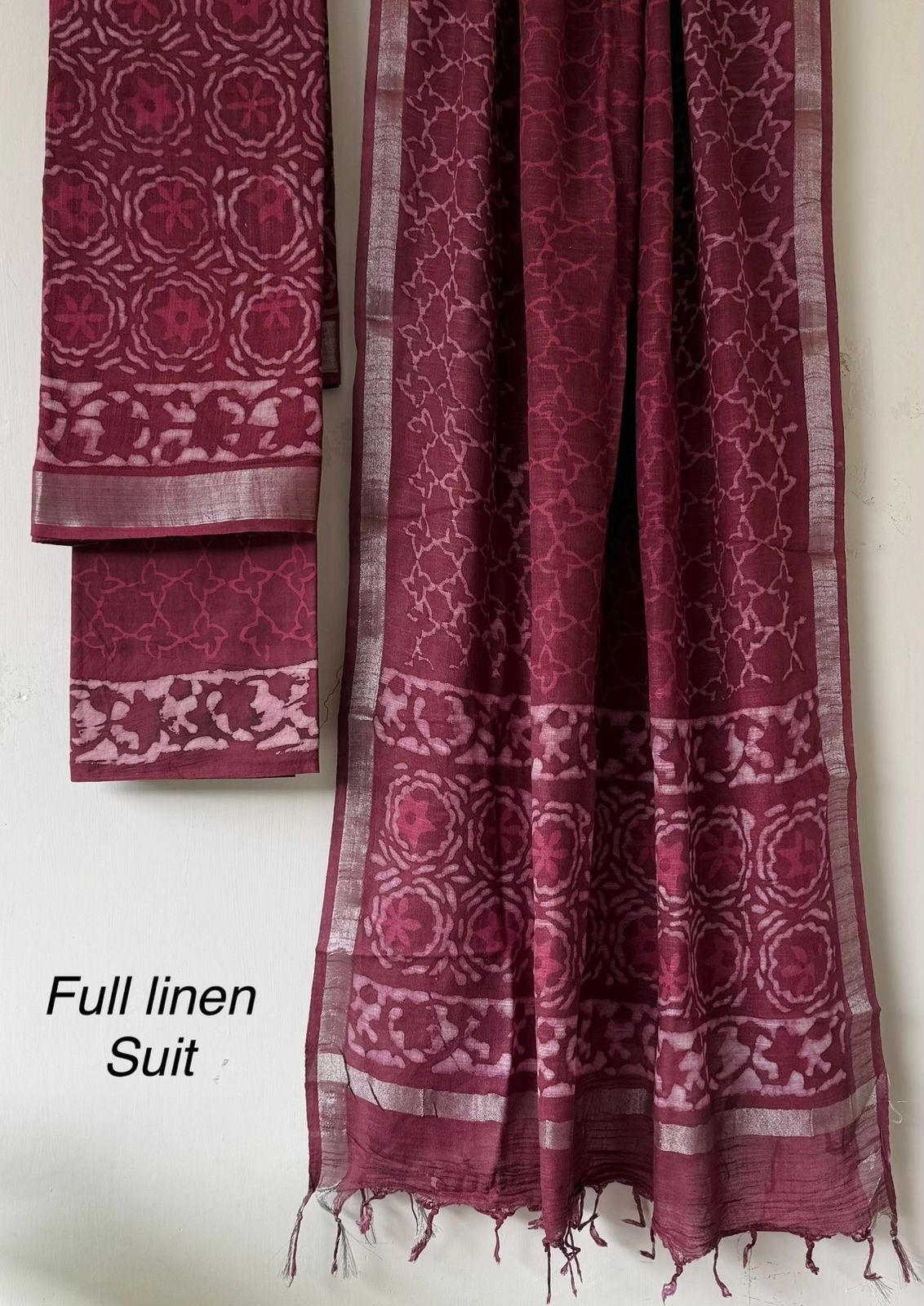 Elegant Linen Hand Block Maroon Material Print Dress