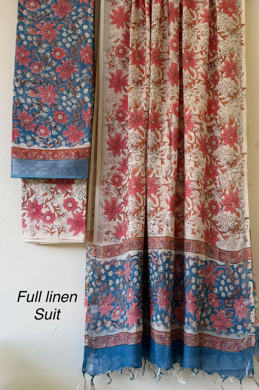Elegant Blue & Pink Linen Hand Block printed dress Material