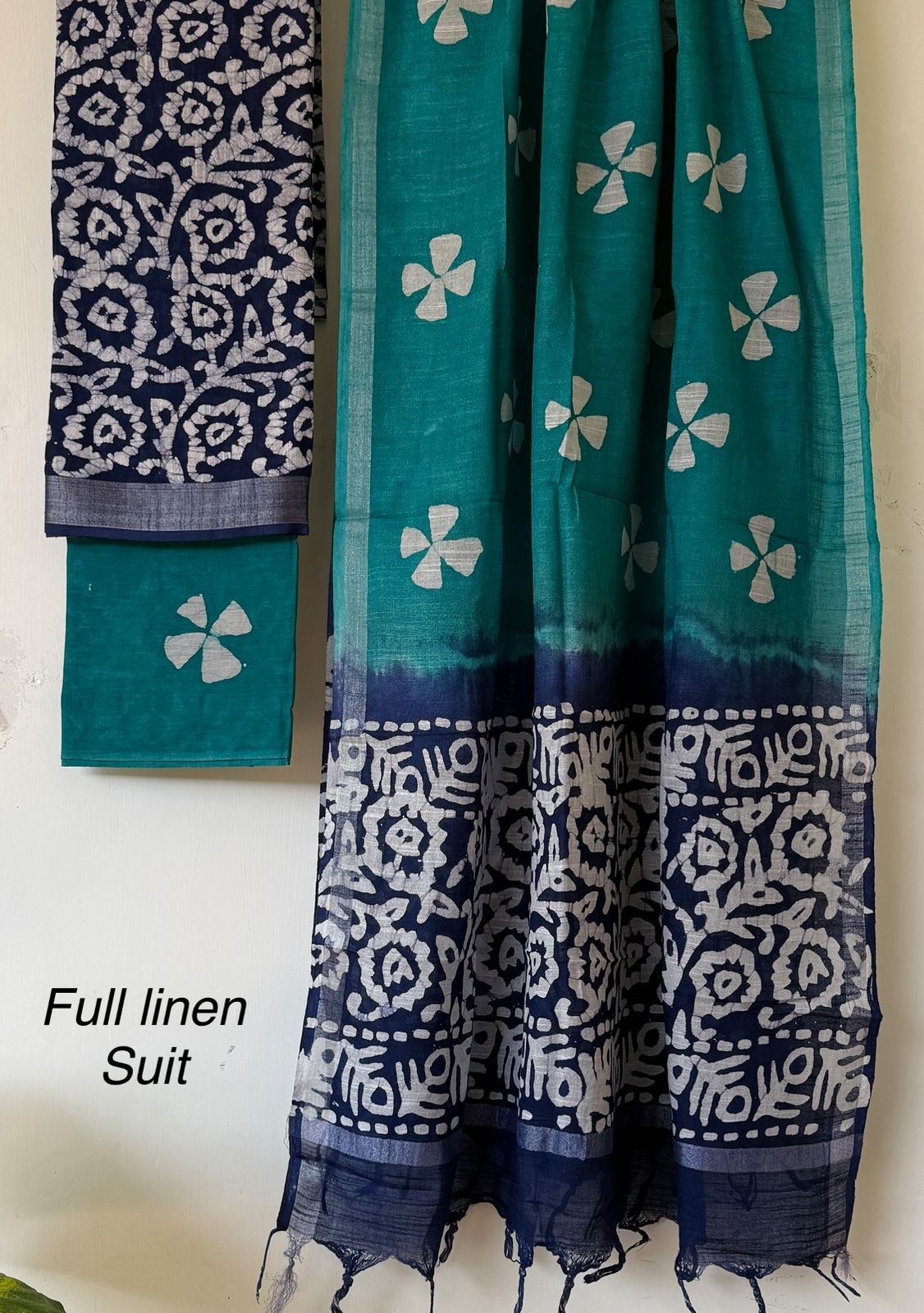Elegant White printed Hand Block Teal Blue & Navy blue dress material