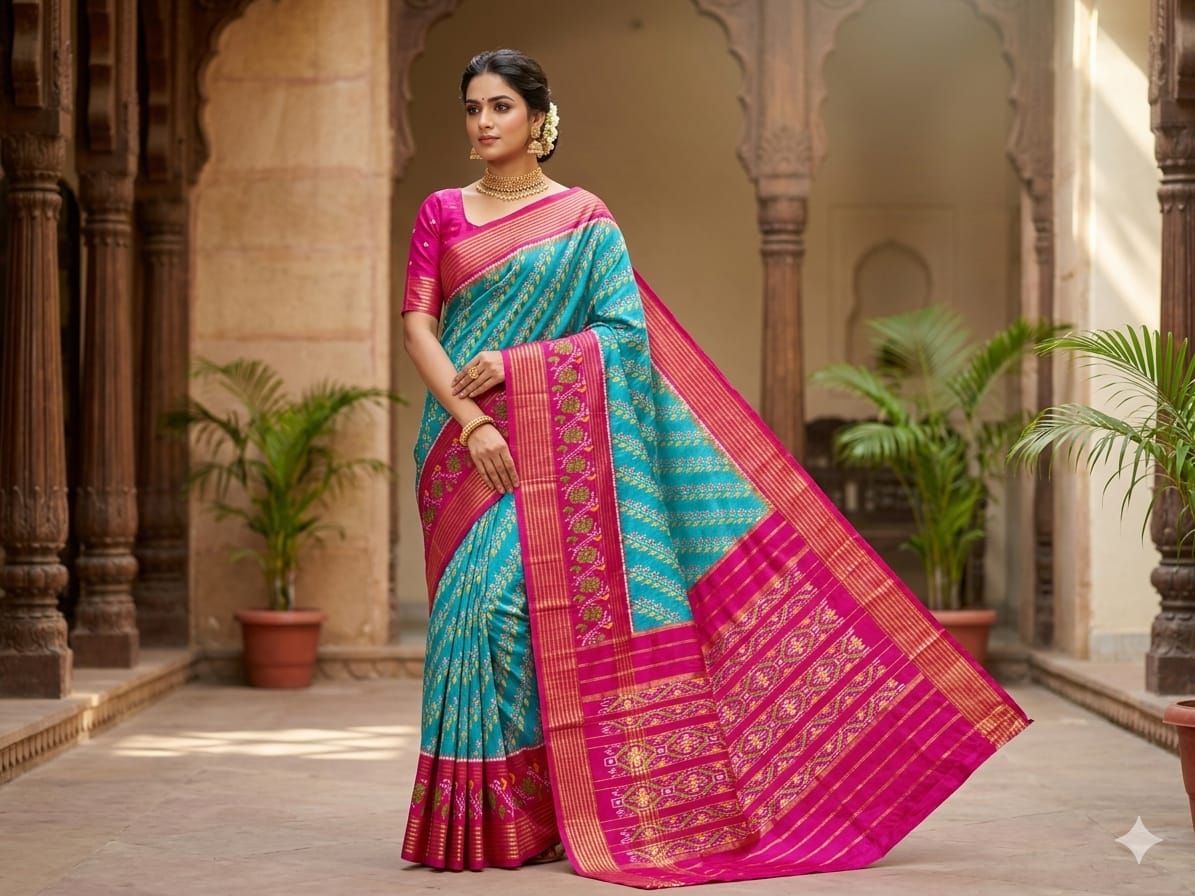 Pochampally Ikkat Pure Silk Saree in Cyan & Magenta Pink with Pallu Zari Border