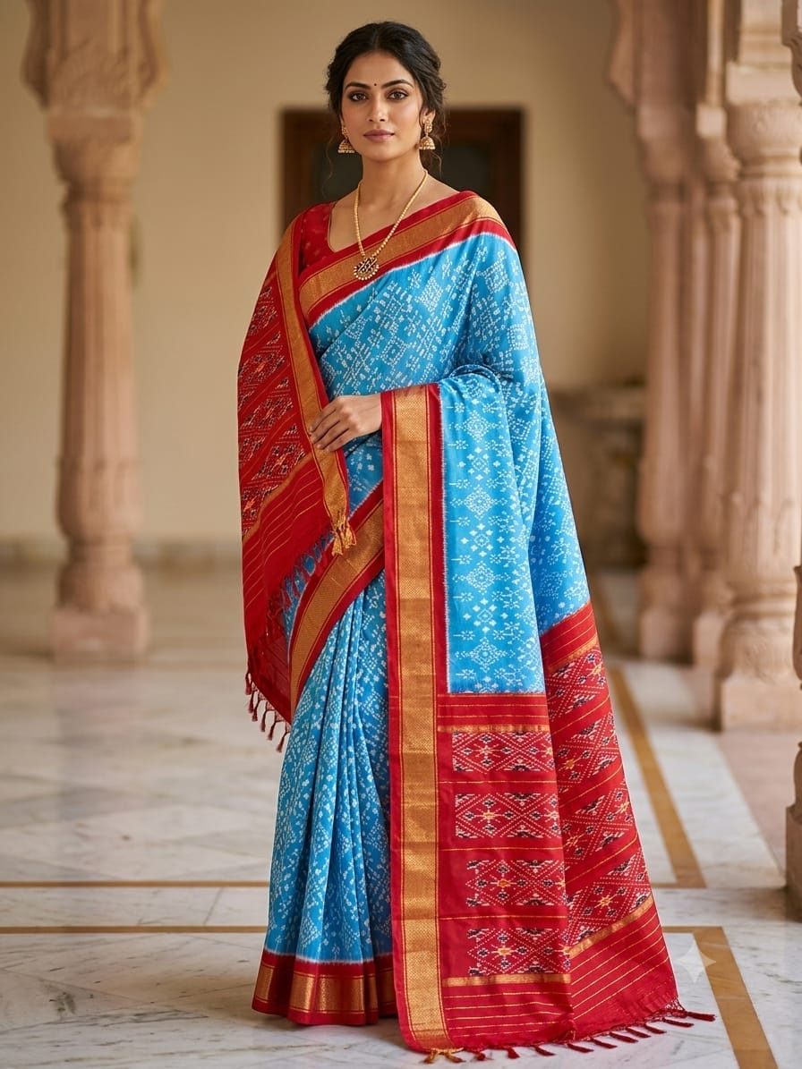 Pochampally Ikkat Pure Silk Saree in Sky Blue & Crimson Red Pallu with Zari Border
