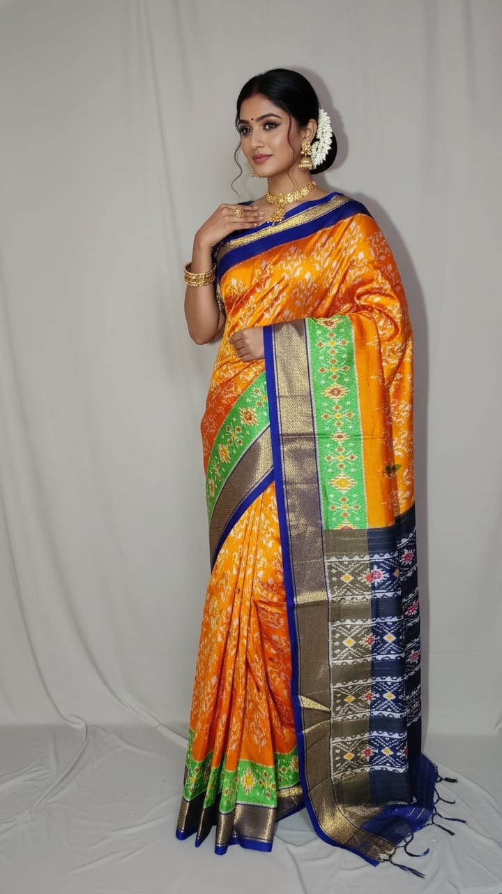 Pochampally Ikkat Pure Silk Saree in Orange & Yellow with Blue Pallu Zari Border