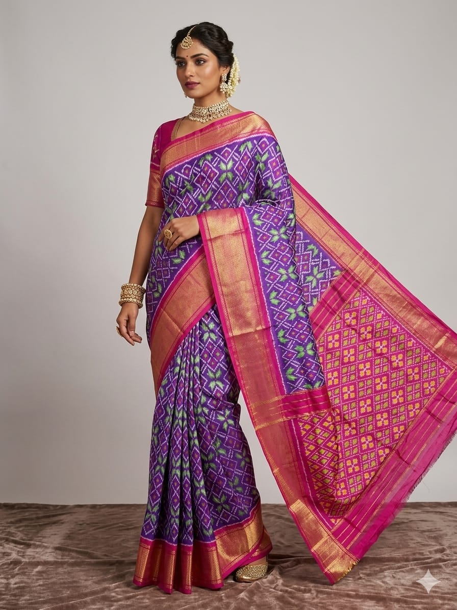 Pochampally Ikkat Pure Silk Saree Purple & Pink Diamond with Pallu And Zari Border