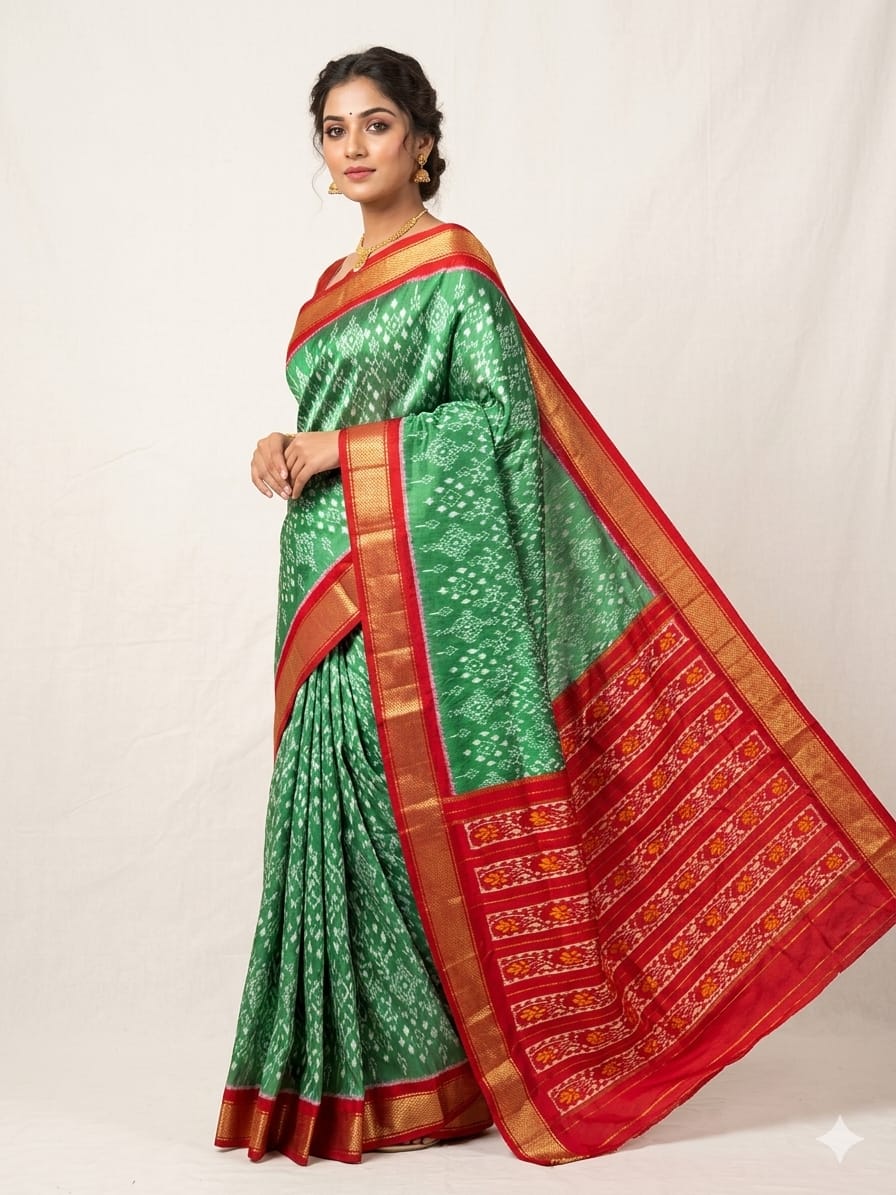 Pochampally Ikkat Pure Silk Saree in Leaf Green & Red with Diamond Pallu  Zari Border