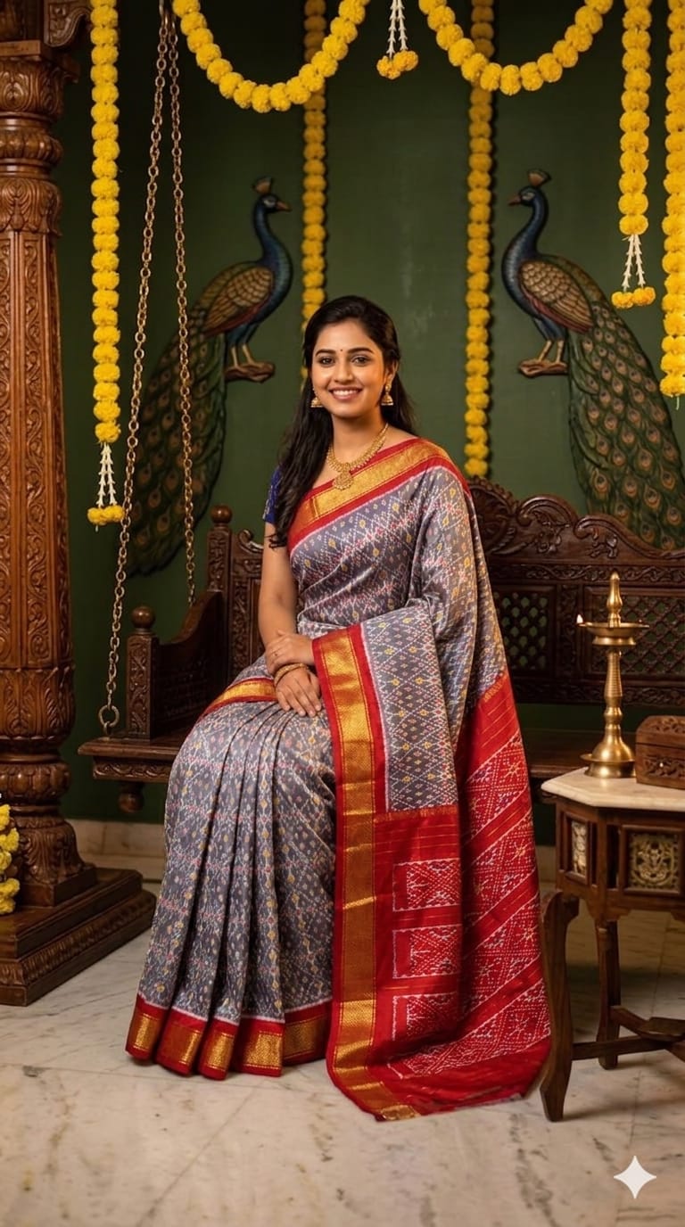Pochampally Ikkat Pure Silk Saree in Slate Grey & Red Pallu  Gold Zari Border