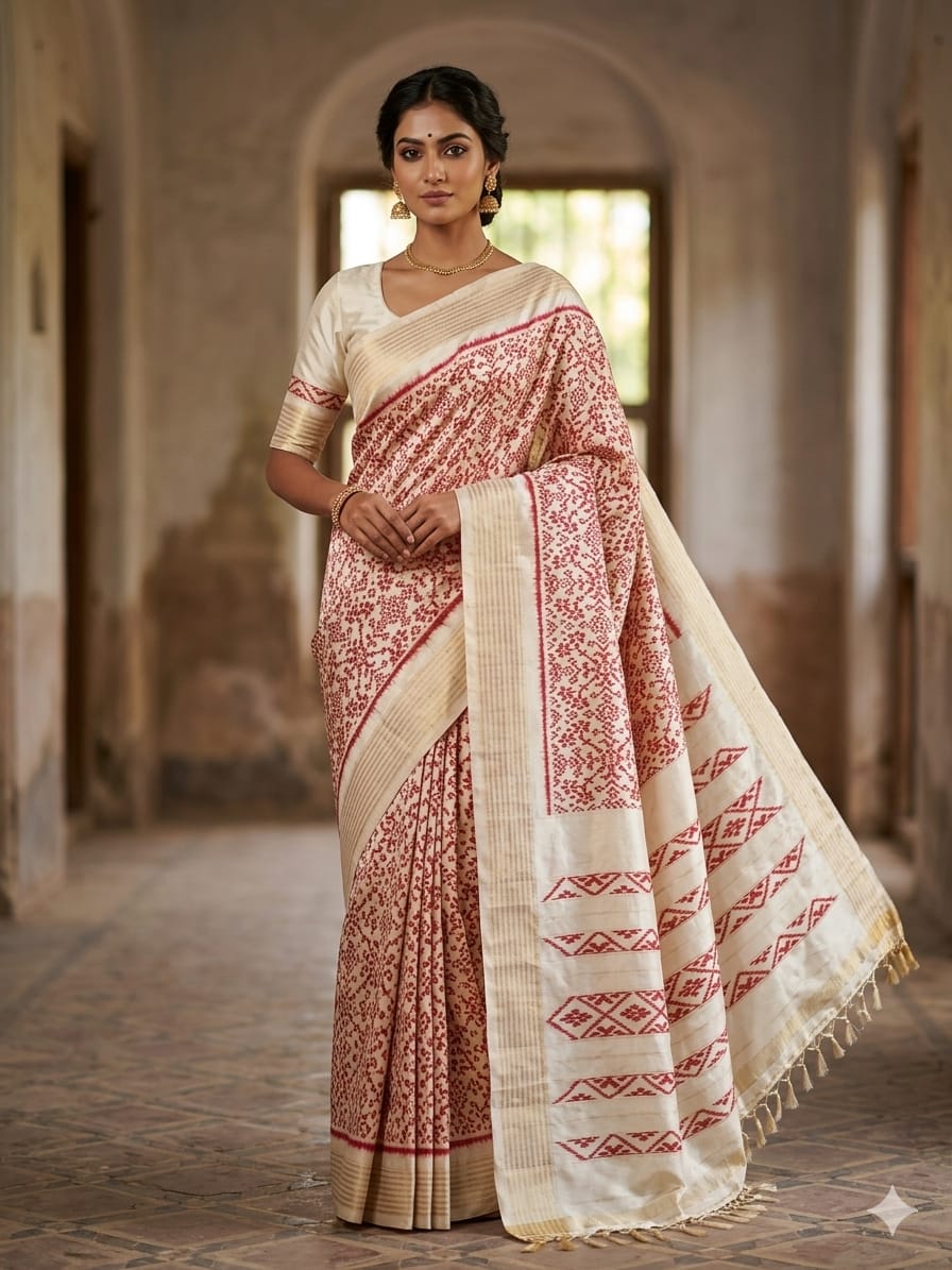Pochampally Ikkat Pure Silk Saree in Ivory White & Pink Pallu  Zari Border