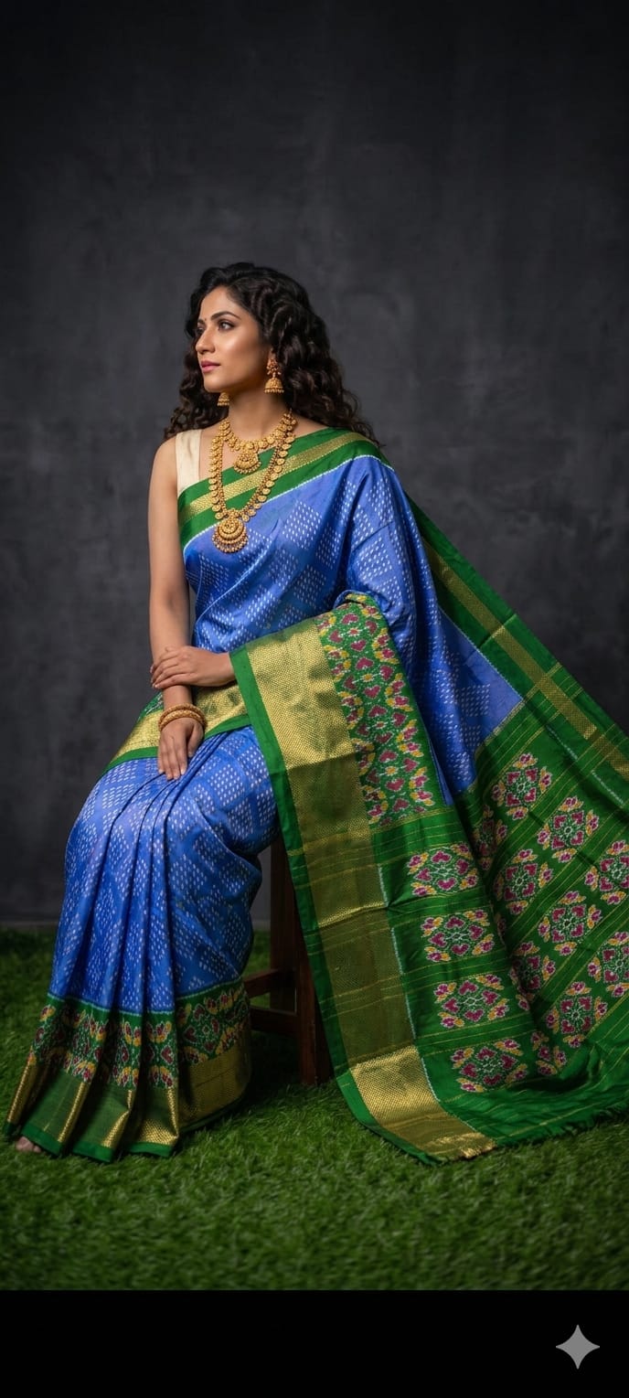 Pochampally Ikkat Pure Silk Saree Cornflower Blue & Emerald Green with Pallu Zari Border